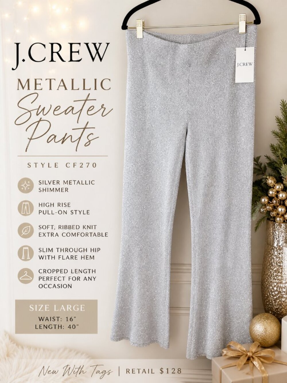 NWT J.Crew Silver Metallic Sweater Pants CF270 High Rise Crop Flare L